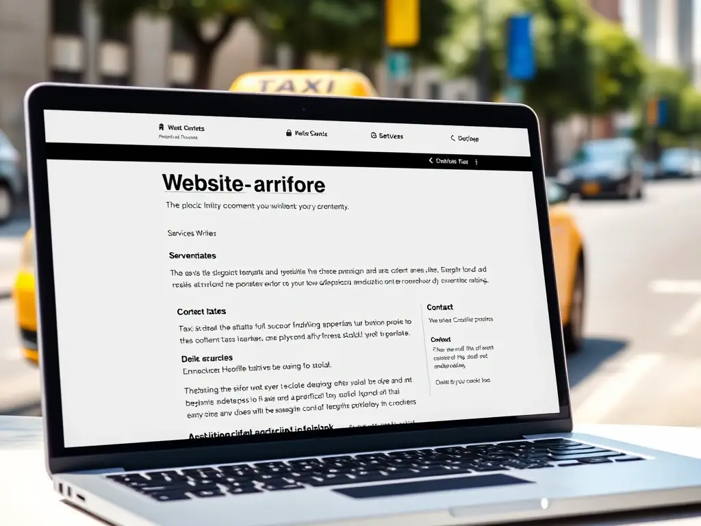Professionally written content for a taxi website, highlighting services, rates, and contact information, displayed on a laptop screen with a taxi cab in the background.