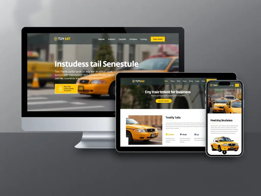 A modern, responsive website design tailored for a taxi business, showcasing a clean layout with easy navigation on both desktop and mobile devices, featuring a taxi cab image.