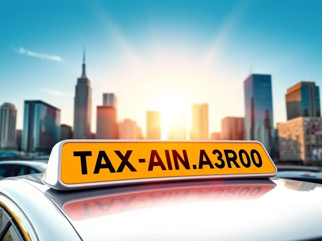 A custom domain name sign with taxi company logo, reflecting the taxi business's brand identity and professionalism, set against a backdrop of city skyline.