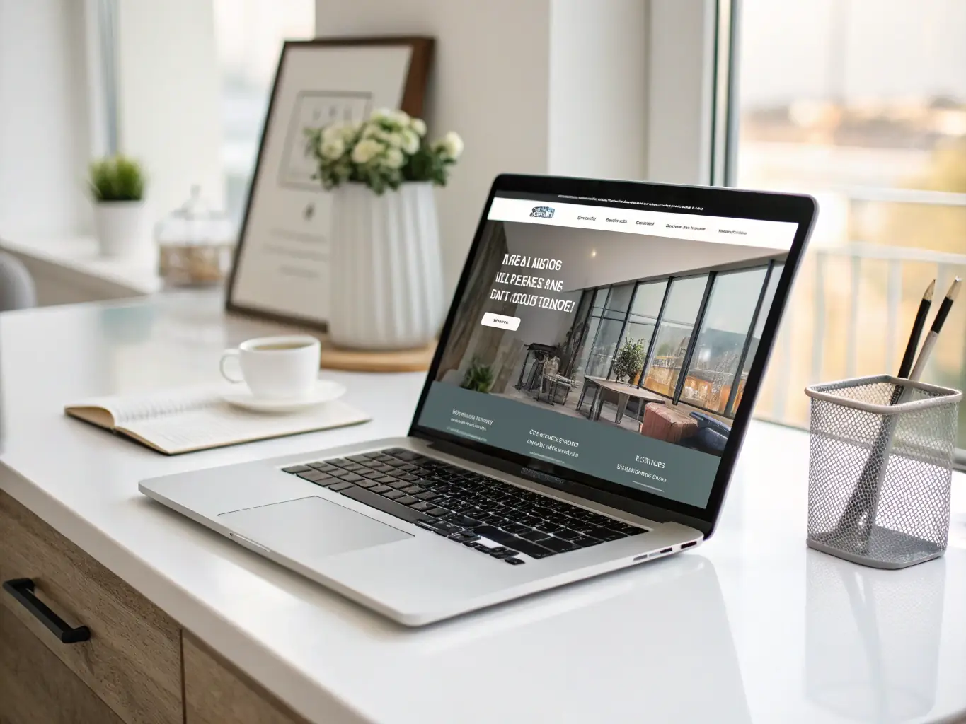 A professional photograph of a clean and modern website design displayed on a laptop screen, showcasing a simple and elegant layout suitable for a small business.