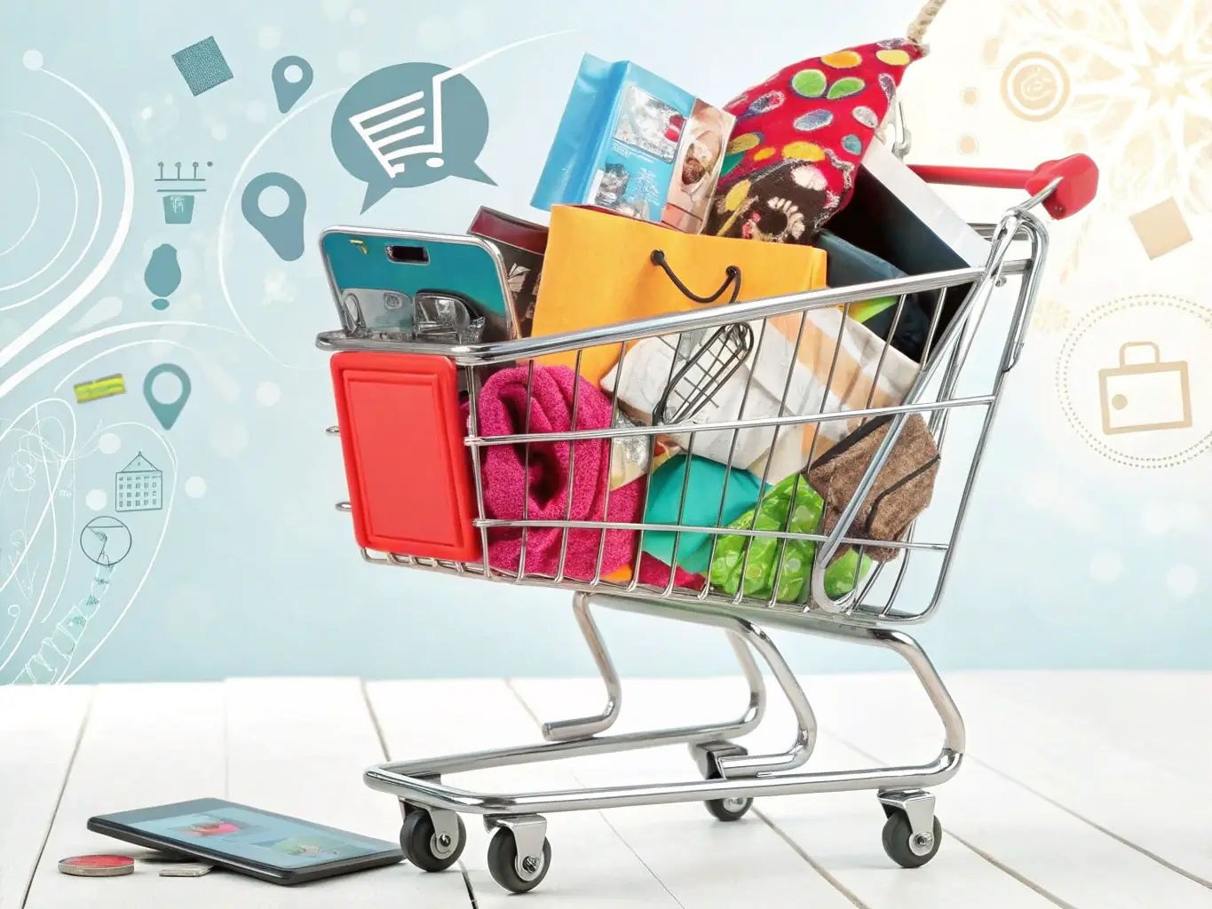 A vibrant and dynamic image of an e-commerce website interface, displaying various products and shopping cart icons, representing the comprehensive features of the Premium package.